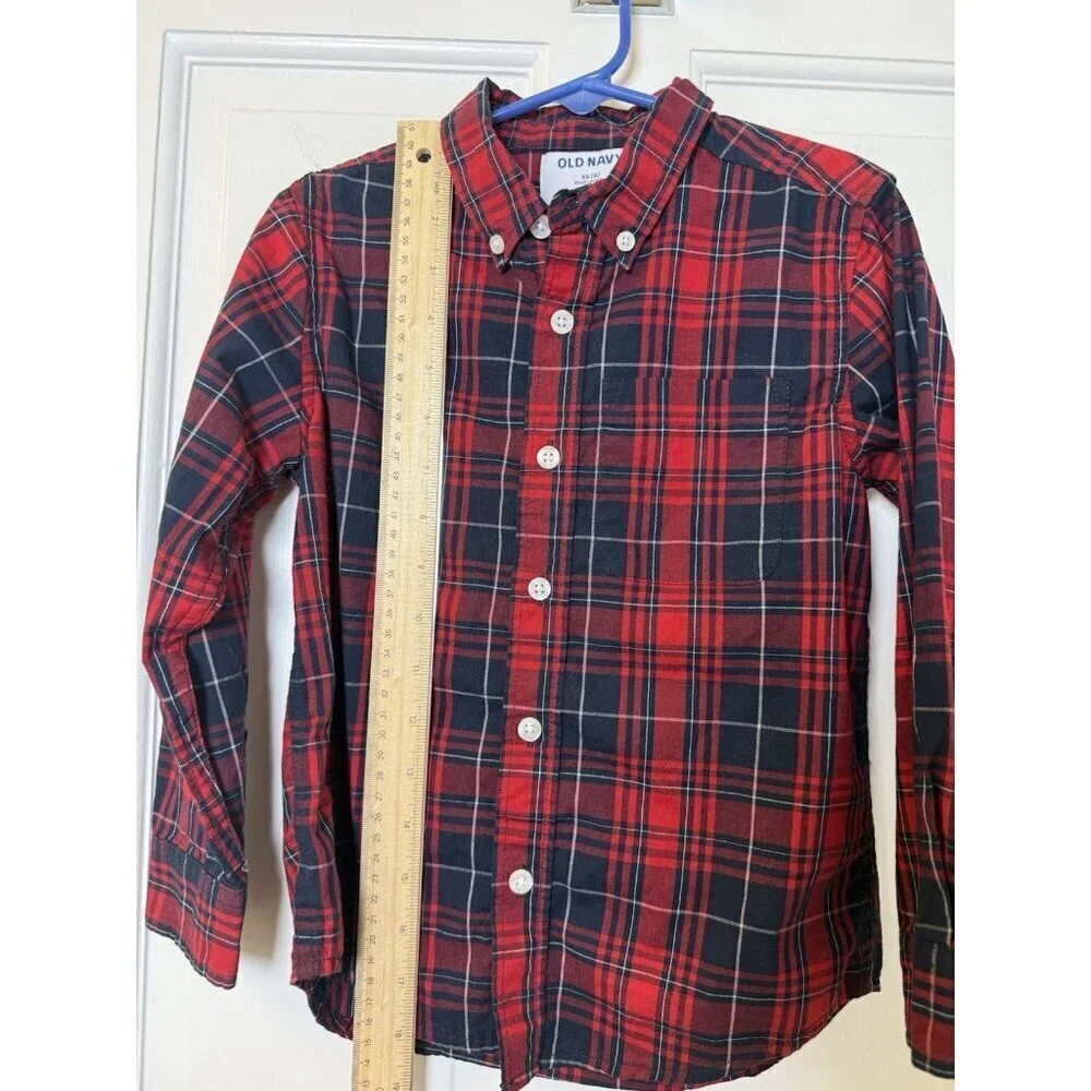 Boys Plaid Red Blue Button Down Shirt Old Navy Size XS 5 EUC